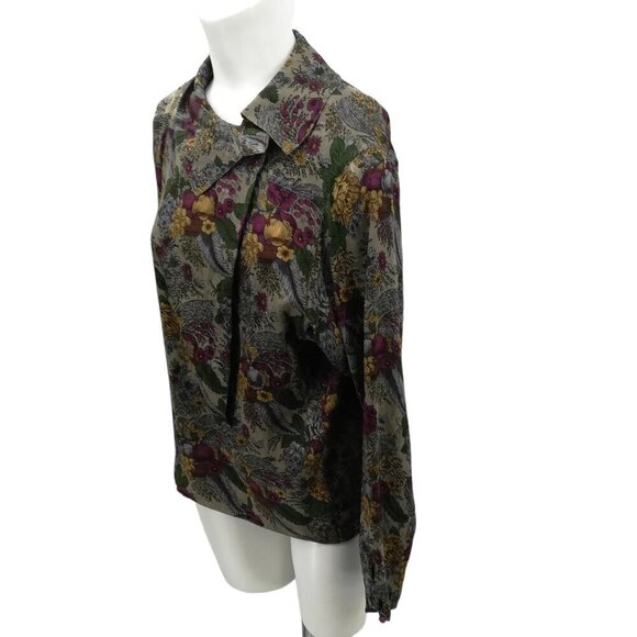 Vintage 100% Silk Dark Floral Asymmetrical Collar Blouse Size 8 Michii Moon - Picture 5 of 10